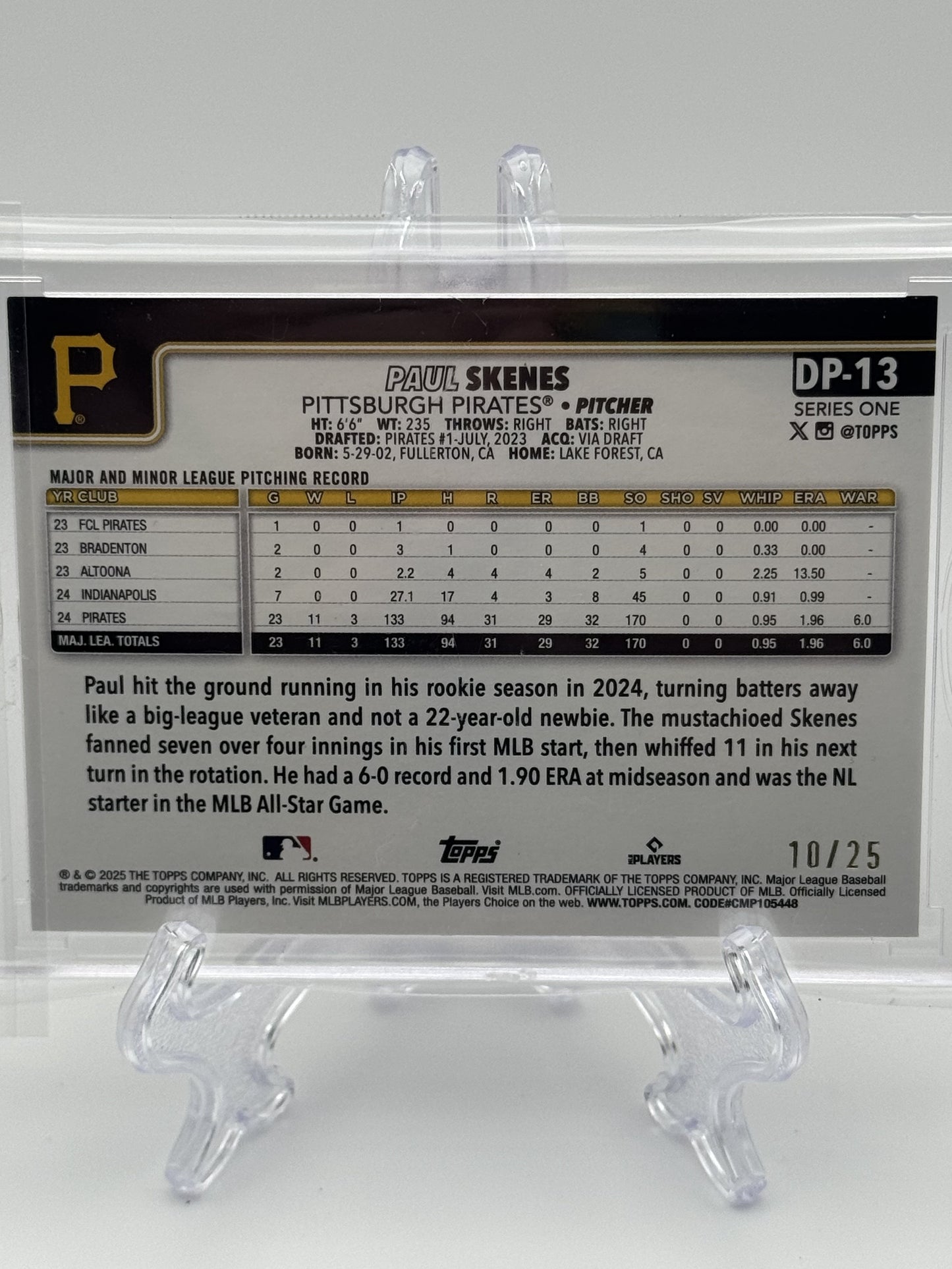 2025 Topps #DP-13 Paul Skenes Dugout Peeks Orange # 10/25