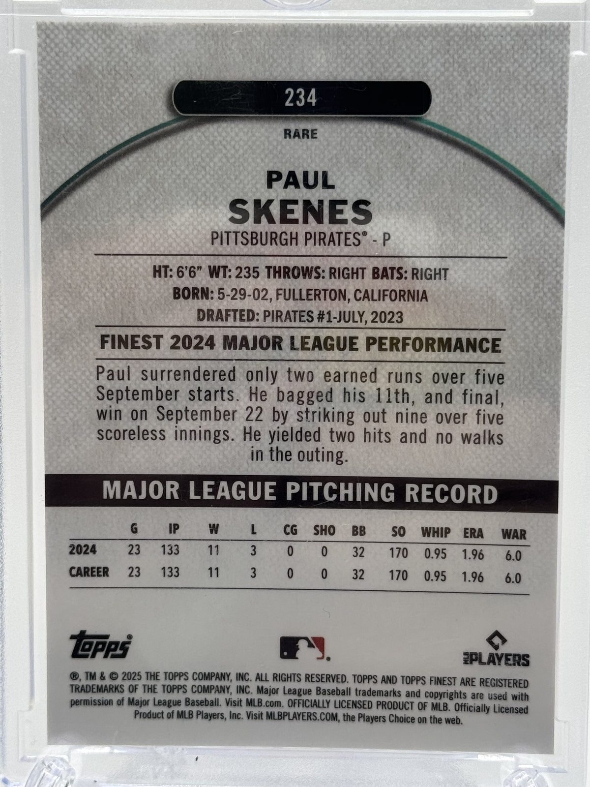 2025 Finest #234 Paul Skenes Pearl Checkerboard Refractor #25/30