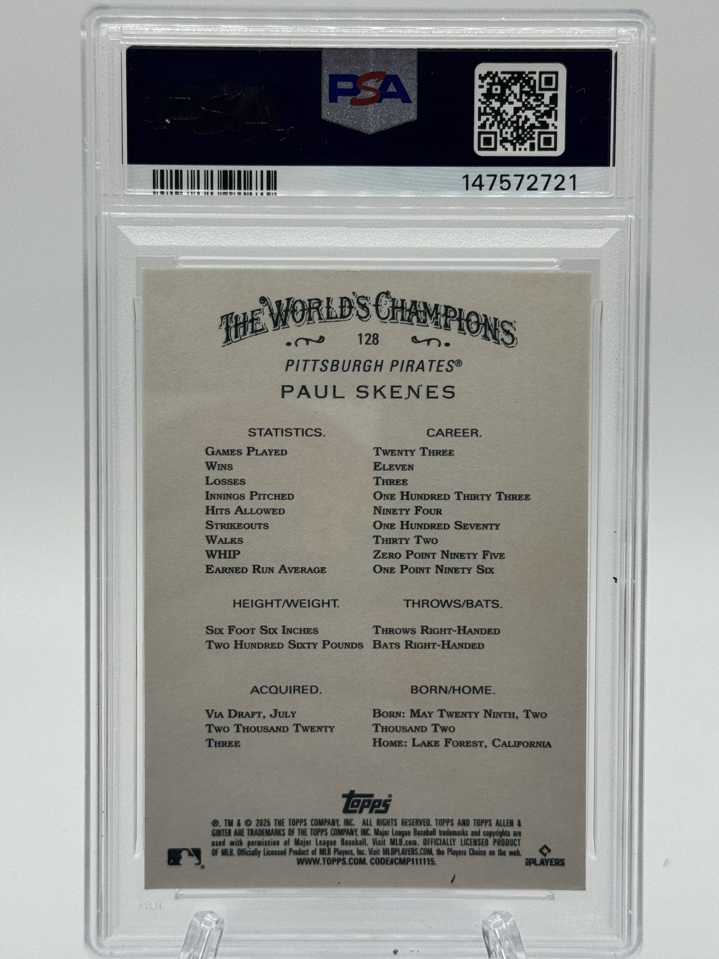 2025 Topps Allen & Ginter #128 Paul Skenes Foil Filagree Red # 1/5 PSA 10