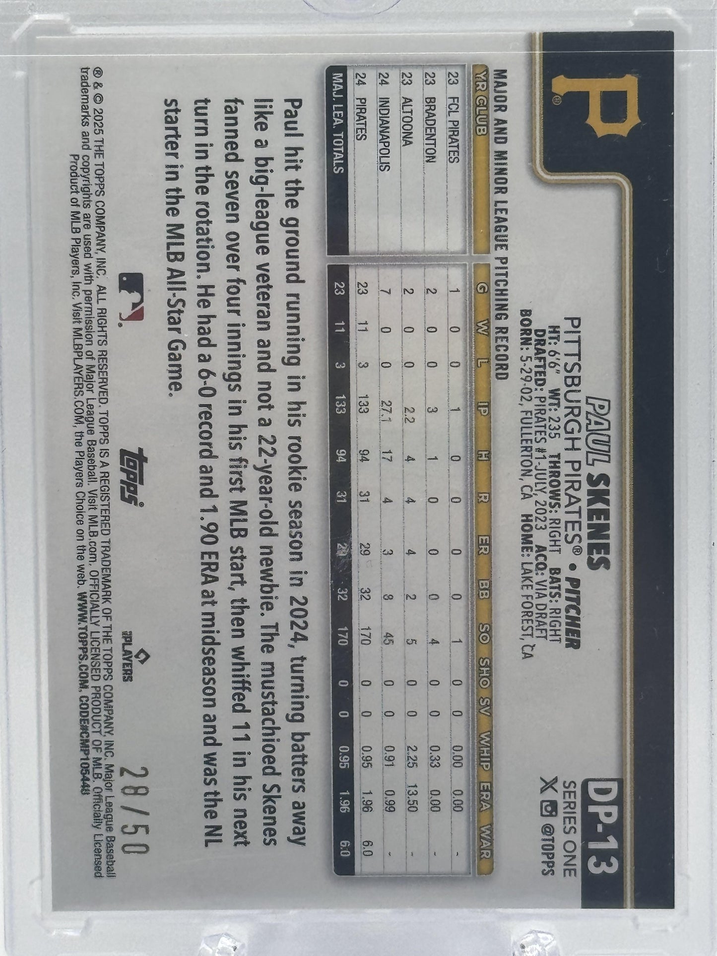 2025 Topps #DP-13 Paul Skenes Dugout Peeks Gold # 28/50
