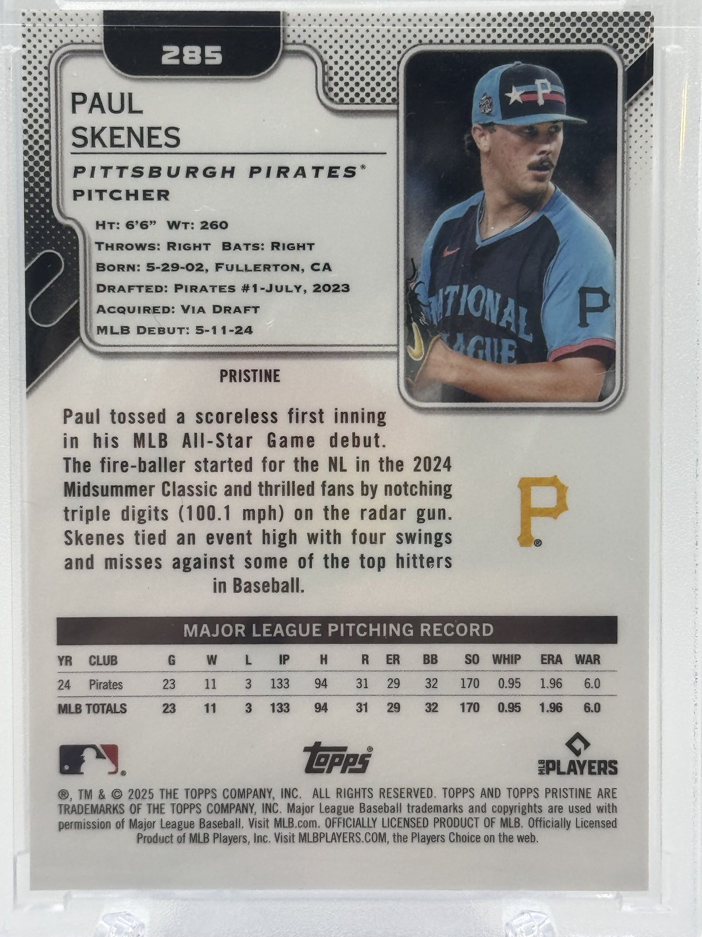 2025 Topps Pristine #285 Paul Skenes Pristine Orange Refractors # 19/25