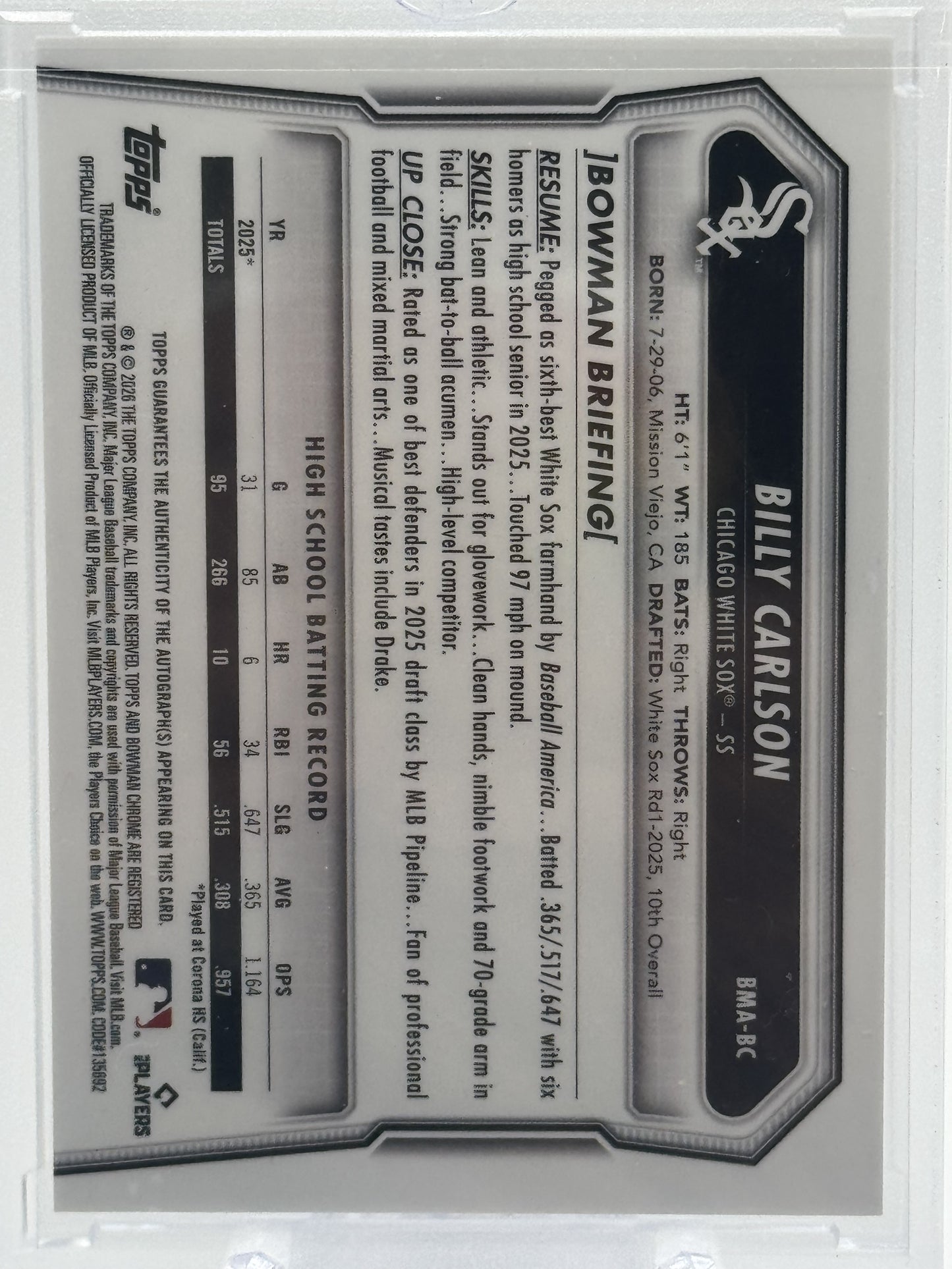 2026 Bowman #BMA-BC Billy Carlson Chrome Prospect Auto Mojo Refractor