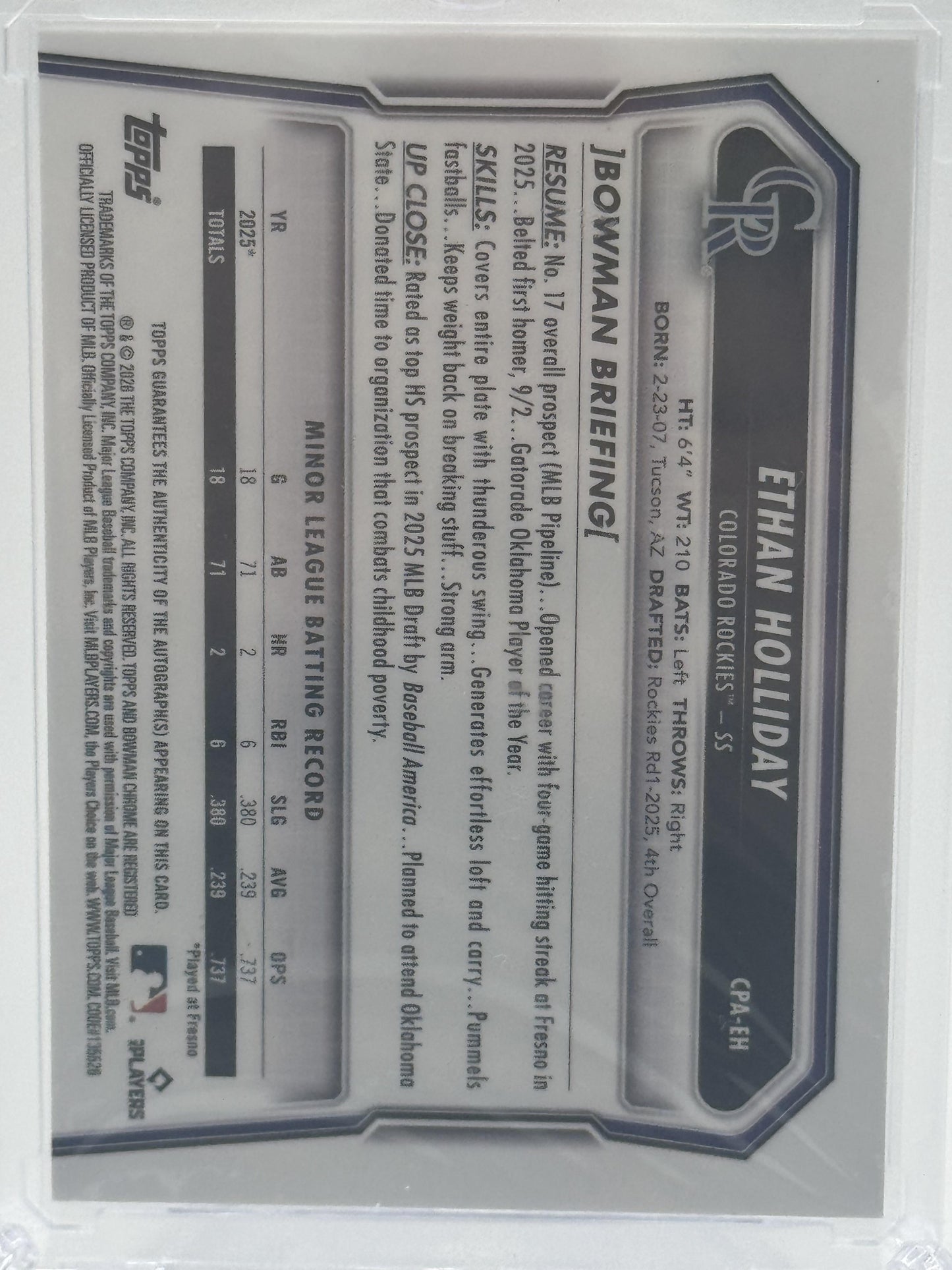2026 Bowman #CPA-EH Ethan Holliday Chrome Prospect Auto LogoFractors # 18/35