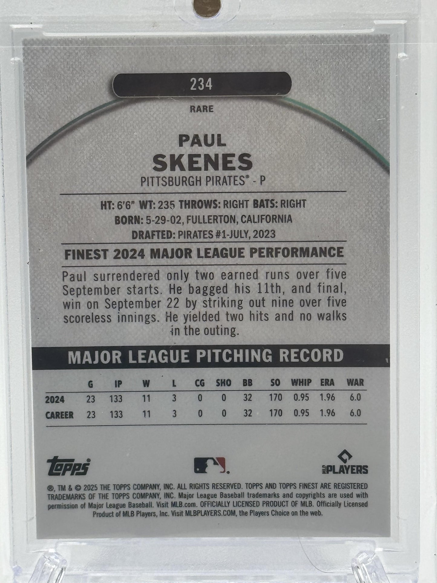 2025 Finest #234 Paul Skenes Green Refractor # 5/25