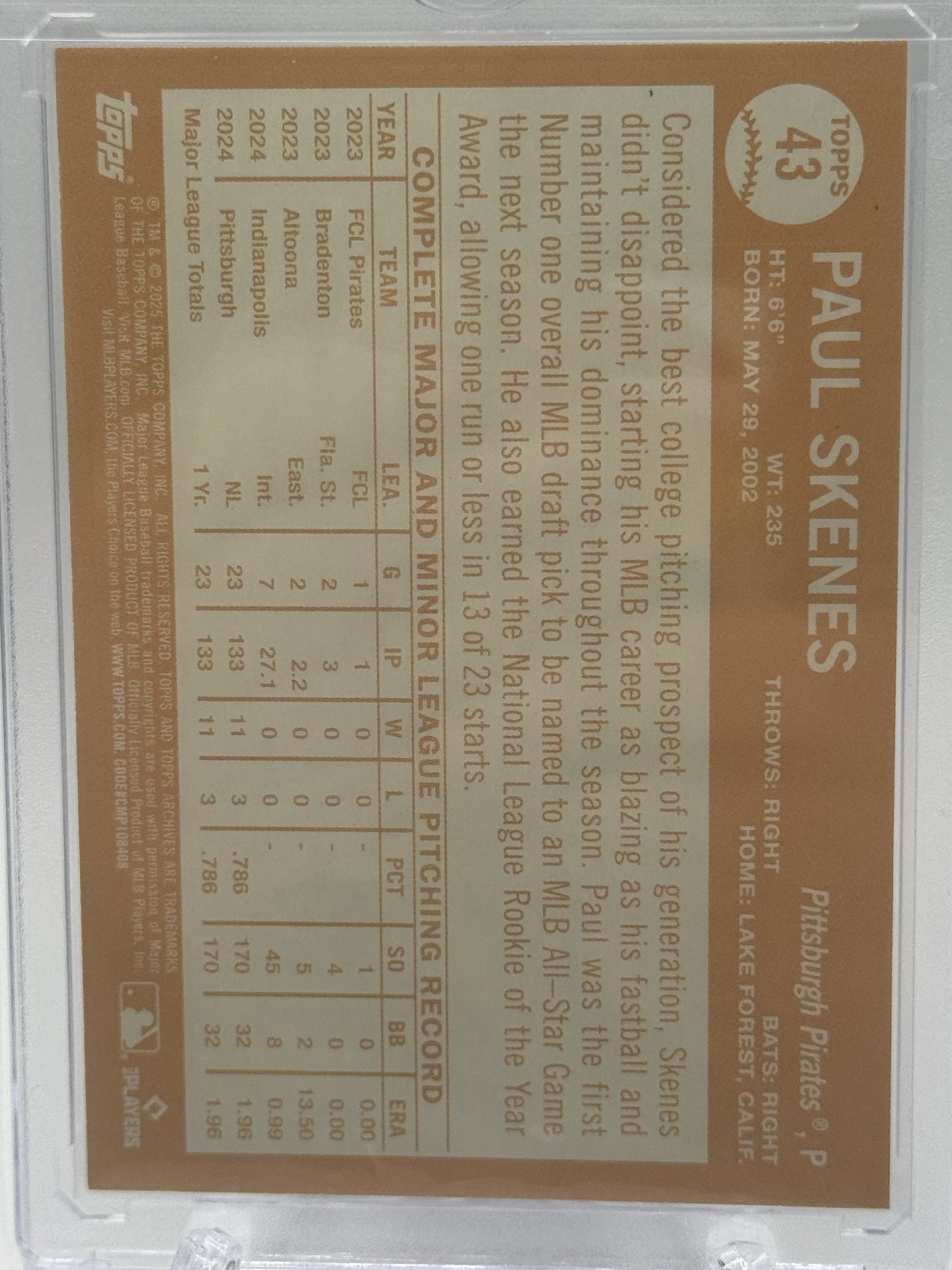 2025 Topps Archives #43 Paul Skenes Blue Foilboard # 7/25