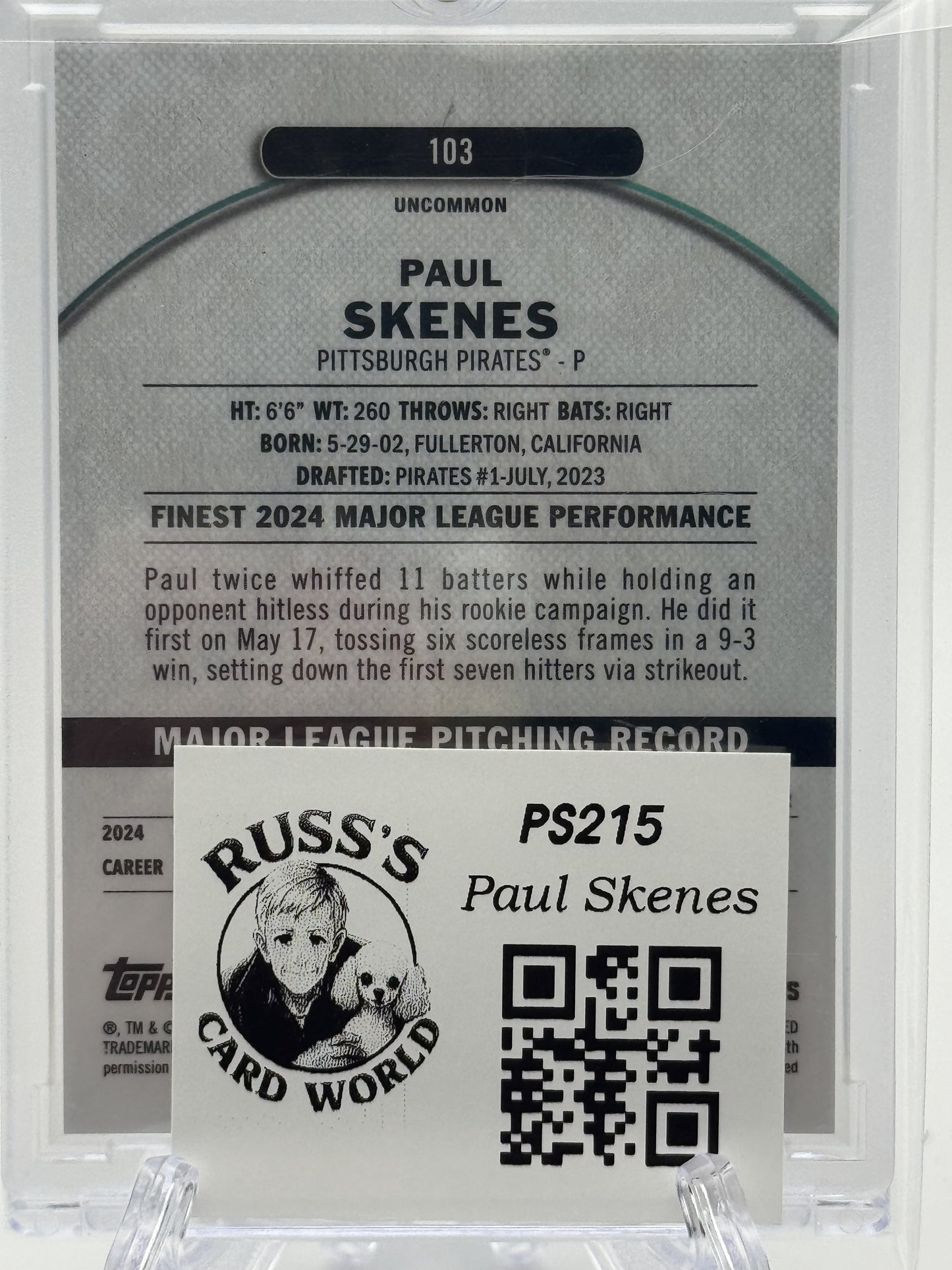 2025 Finest #103 Paul Skenes Black Refractor # 4/15