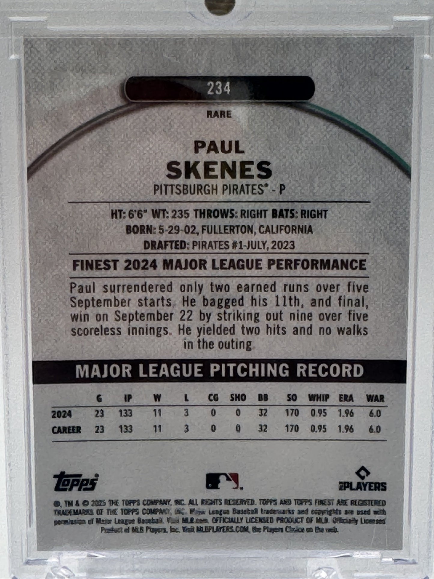 2025 Finest #234 Paul Skenes Orange Refractor # 6/15
