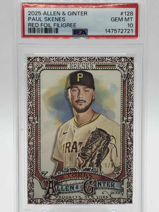2025 Topps Allen & Ginter #128 Paul Skenes Foil Filagree Red # 1/5 PSA 10