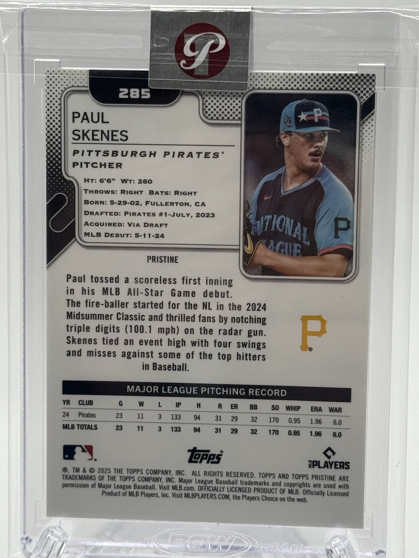 2025 Topps Pristine #285 Paul Skenes Pristine Orange Refractor # 18 /25