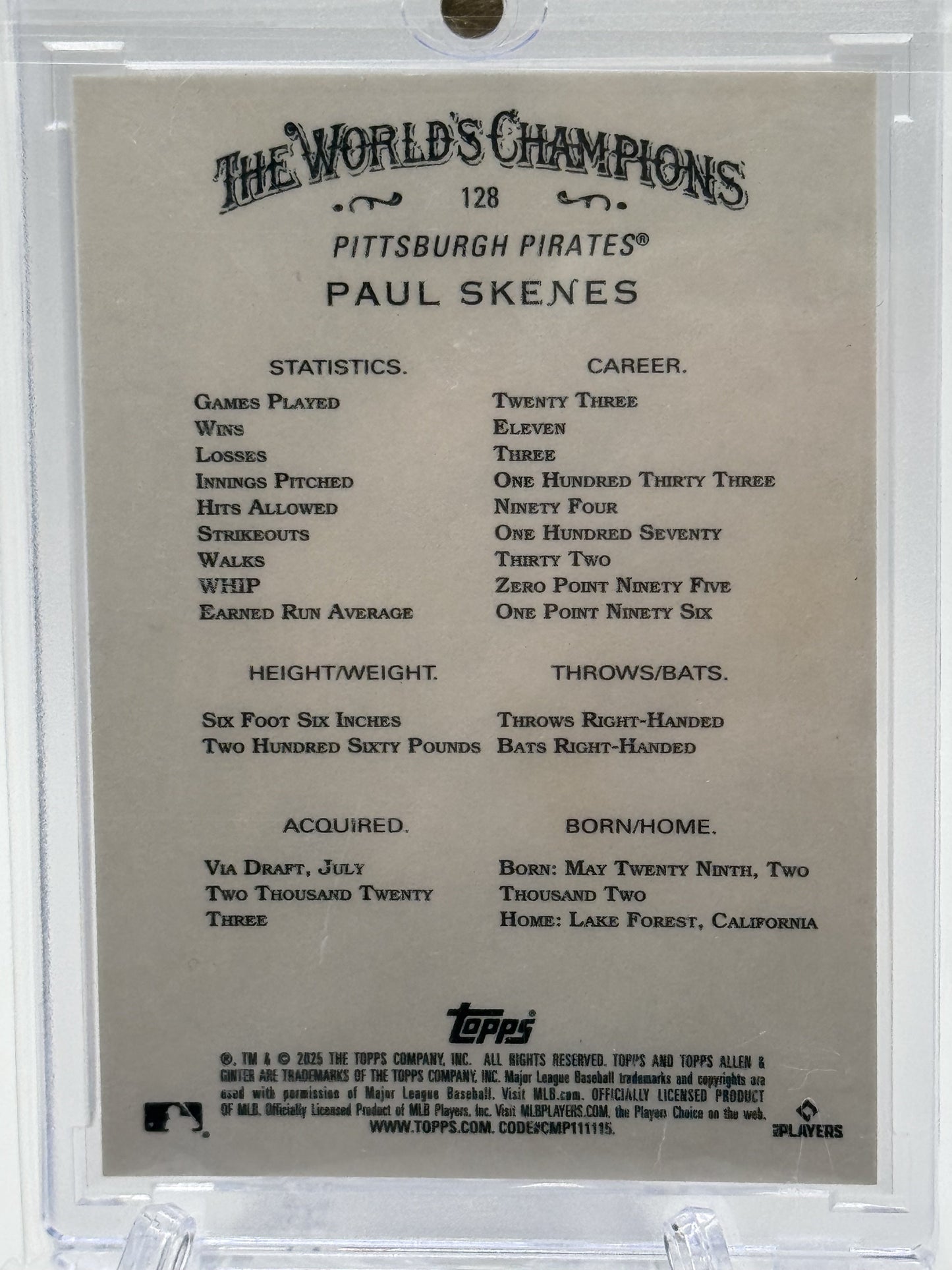 2025 Topps Allen & Ginter #128 Paul Skenes Foil Filagree Orange # 8/25