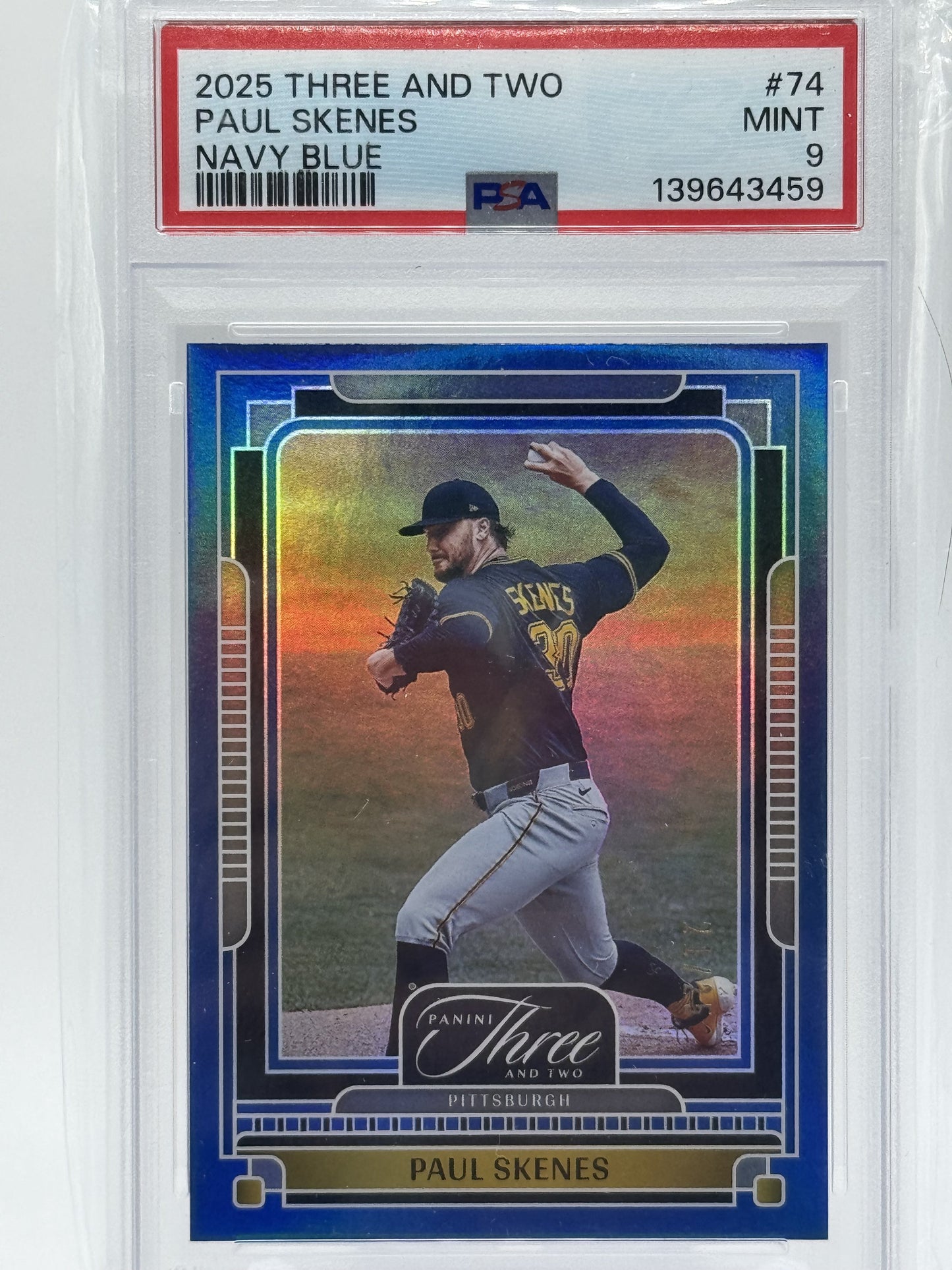 2025 Panini Three and Two #74 Paul Skenes Navy Blue PSA 9 # 21/25