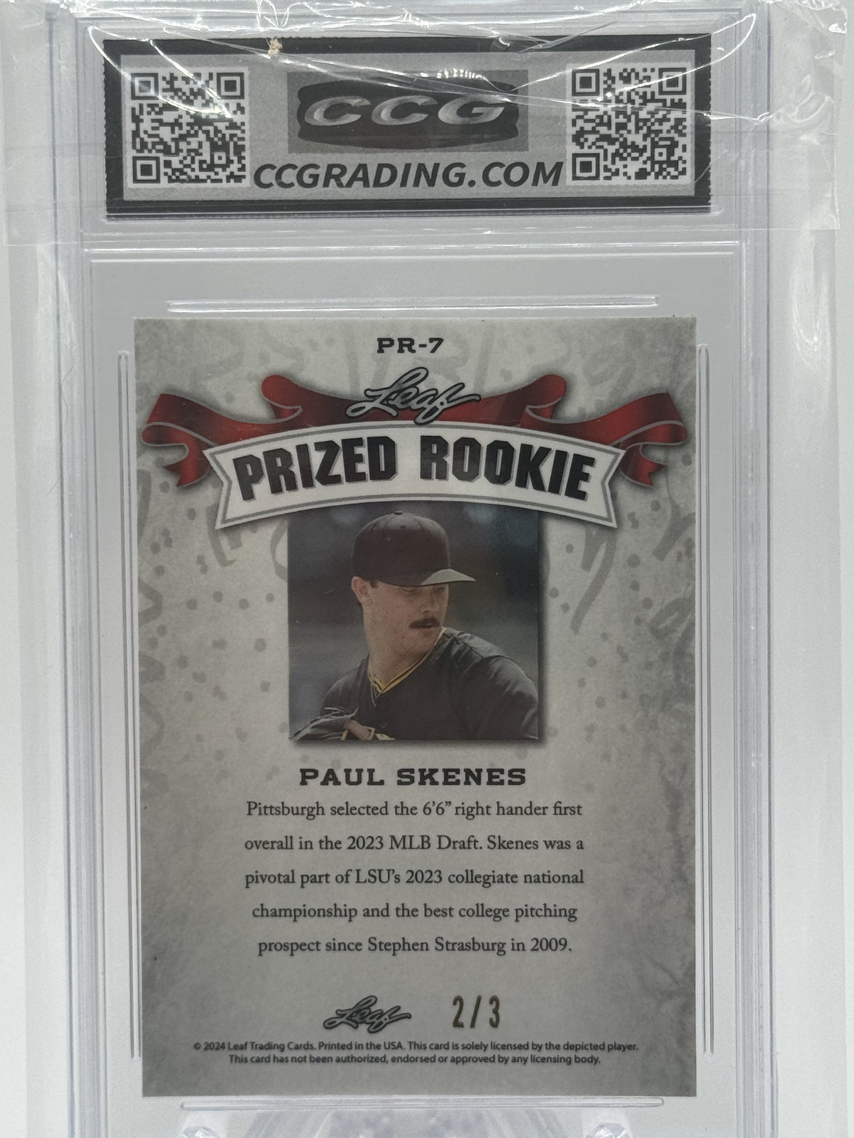 2023 Leaf Special Release Prized Rookie #PR-7 PAUL SKENES Orange Laser # 2/3