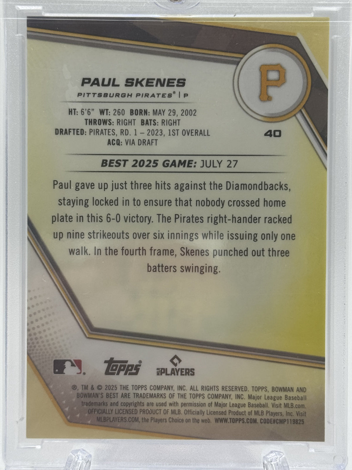 2025 Bowman's Best #40 Paul Skenes Orange Refractors # 6/25