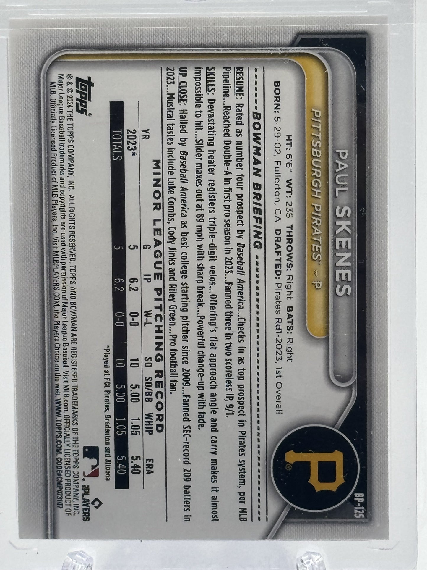 2024 Bowman #BP-125 Paul Skenes Prospects Gold # 16/50