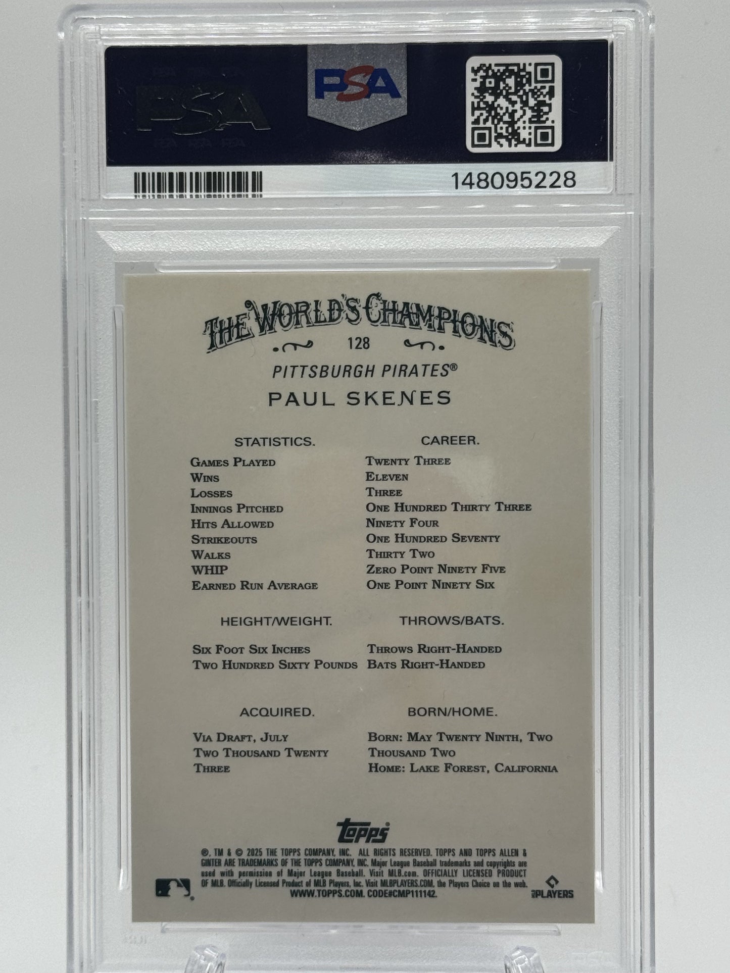 2025 Topps Allen & Ginter #128 Paul Skenes Chrome Orange Refractor PSA 10 # 4/25