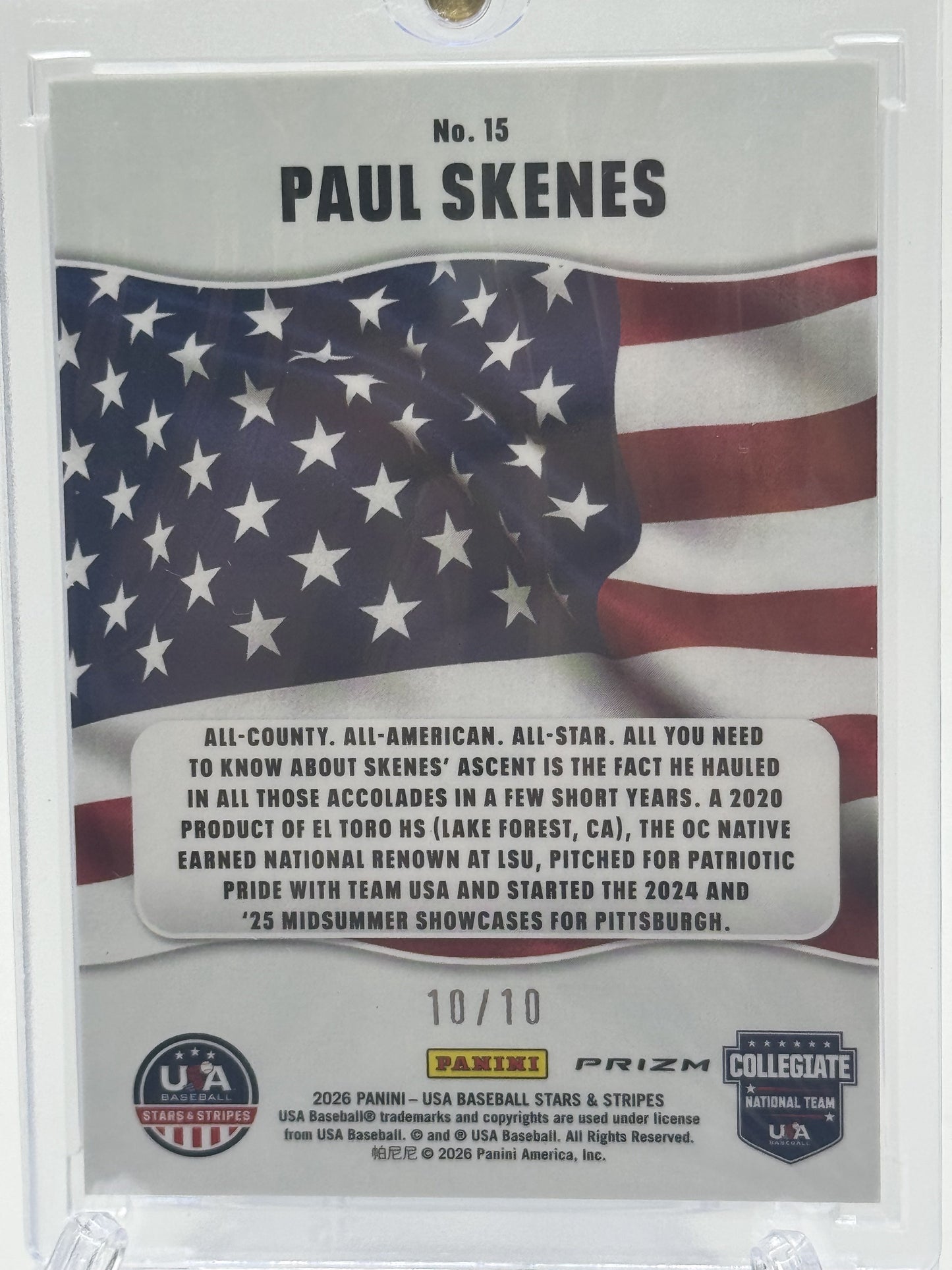 2026 Panini Prizm USA Baseball #15 Paul Skenes All-American Prizms Gold # 10/10