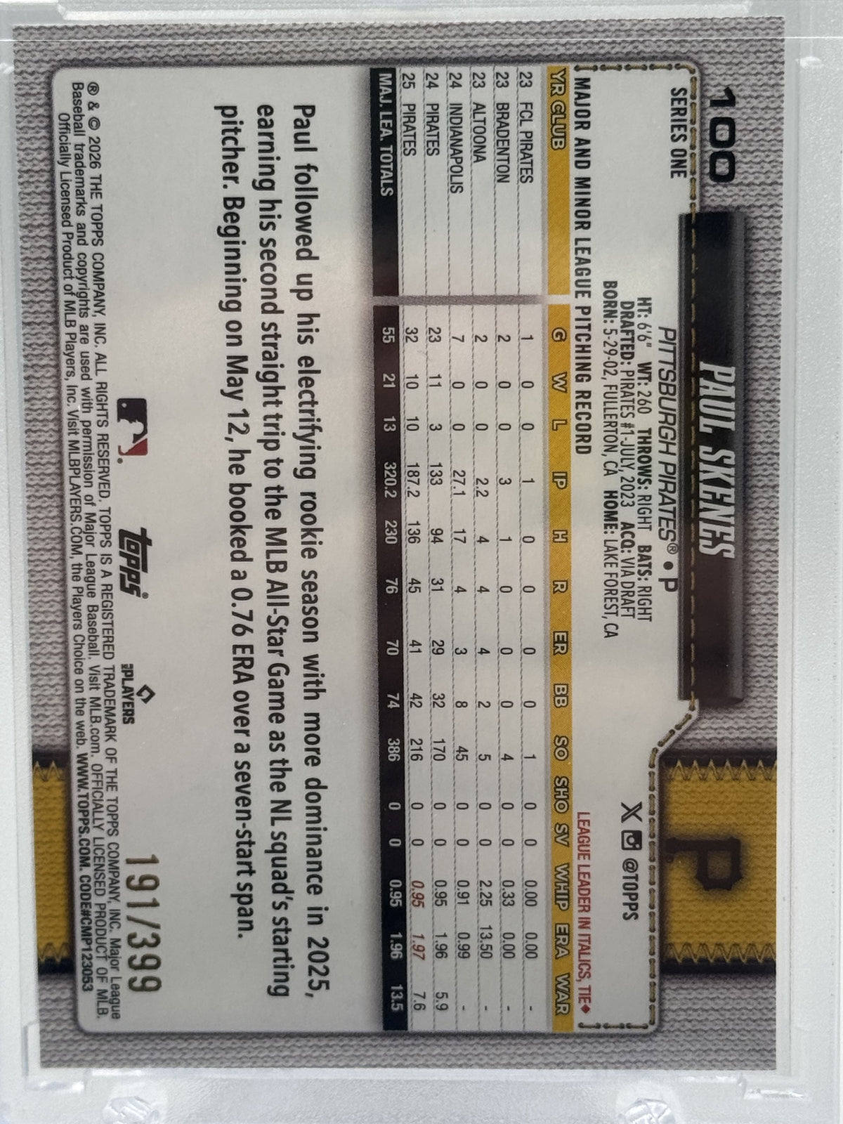 2026 Topps #100 Paul Skenes Yellow Rainbow Foil # 191/399