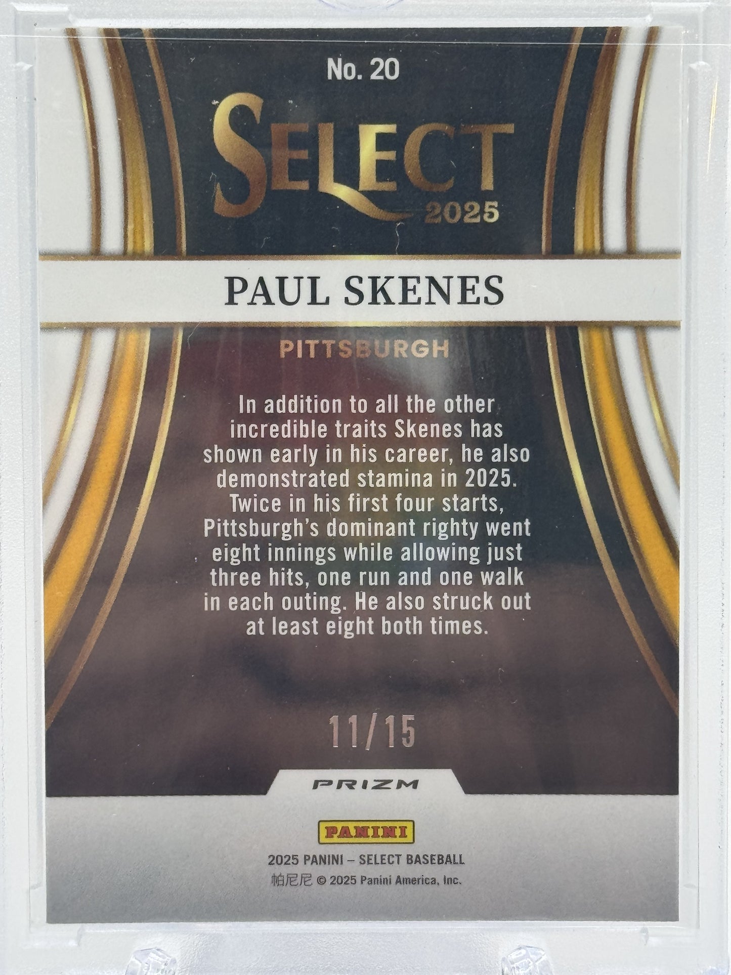 2025 Panini Select #20 Paul Skenes Turbo Charged Orange Pulsar Prizm # 11/15