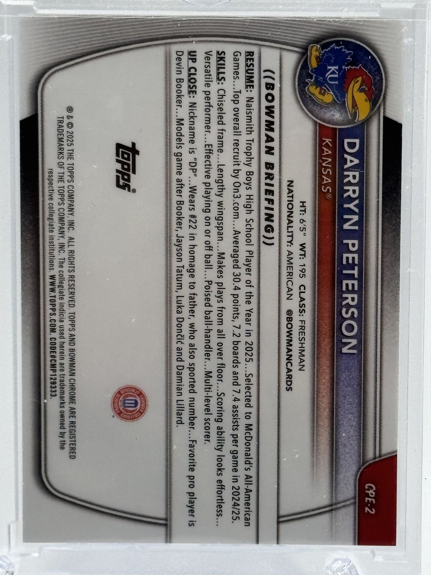 2025-26 Bowman #CPE-2 Darryn Peterson Chrome Prospects Etched In Glass SSP