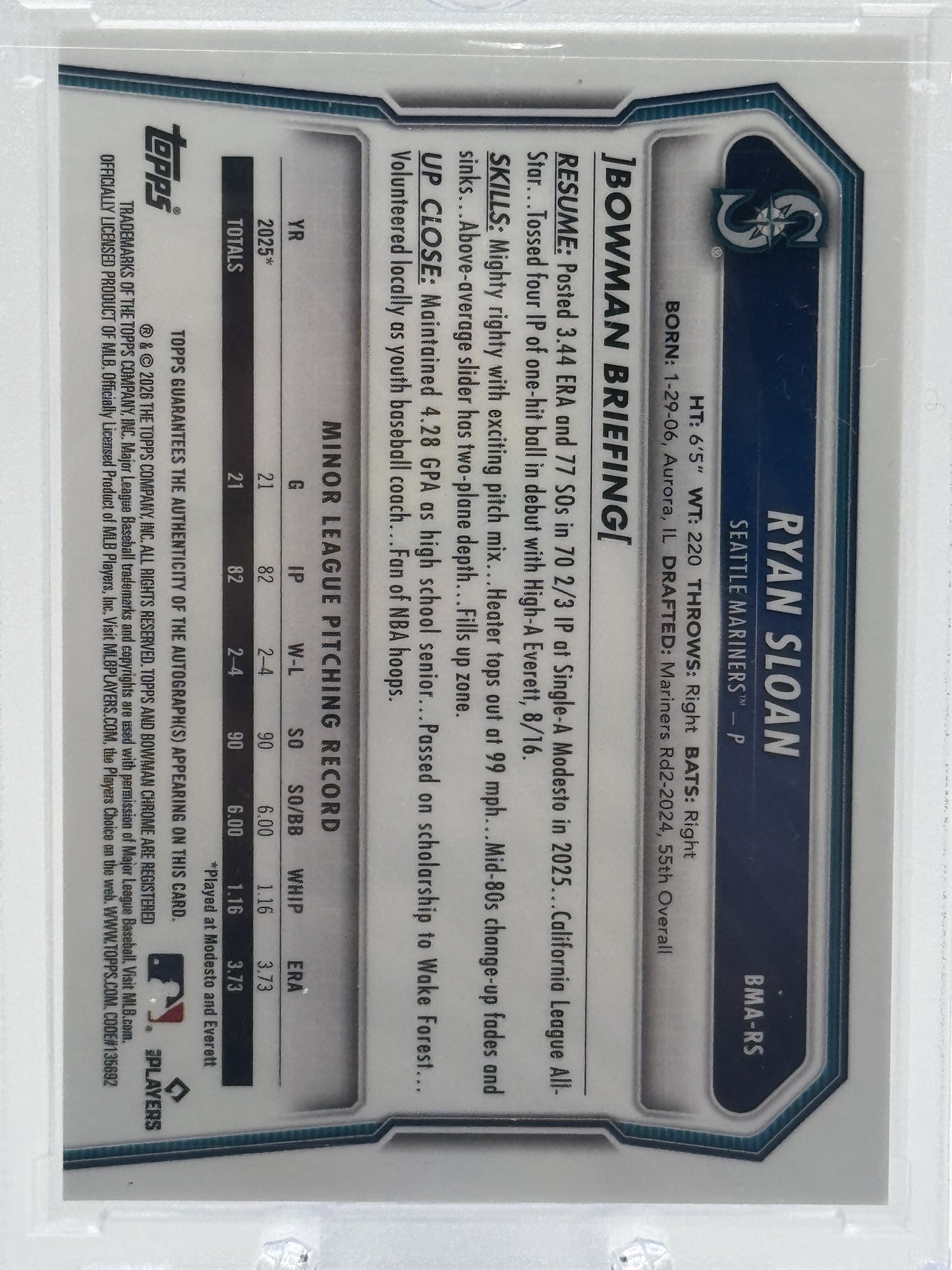 2026 Bowman #BMA-RS Ryan Sloan Chrome Mojo Prospect Autographs