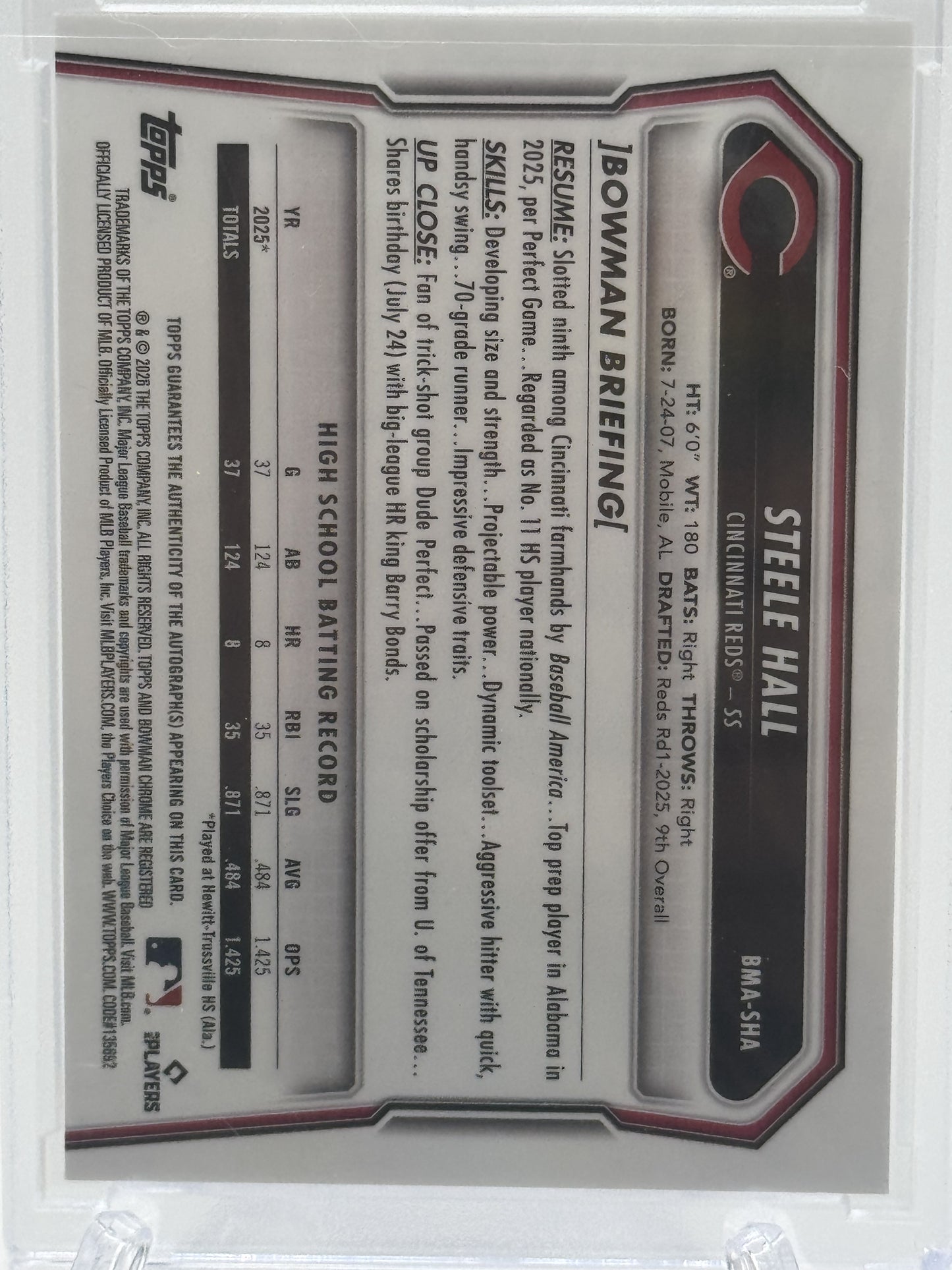 2026 Bowman #BMA-SHA Steele Hall Chrome Auto Purple Mojo Refractor #/199