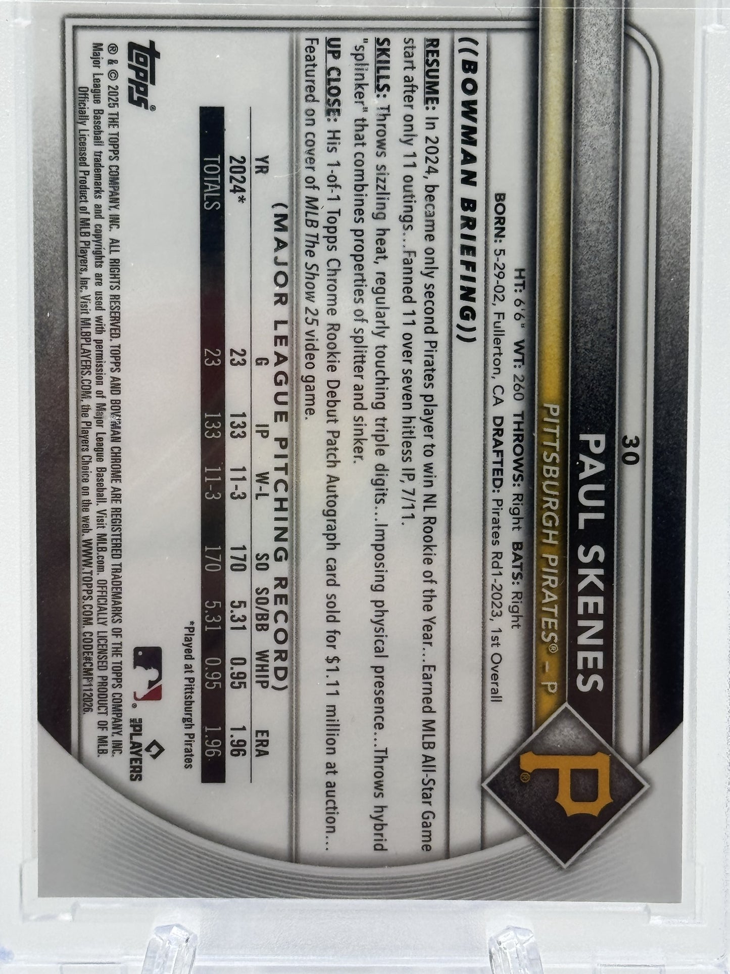 2025 Bowman Chrome Sapphire Edition #30 Paul Skenes Orange Sapphire #4/25
