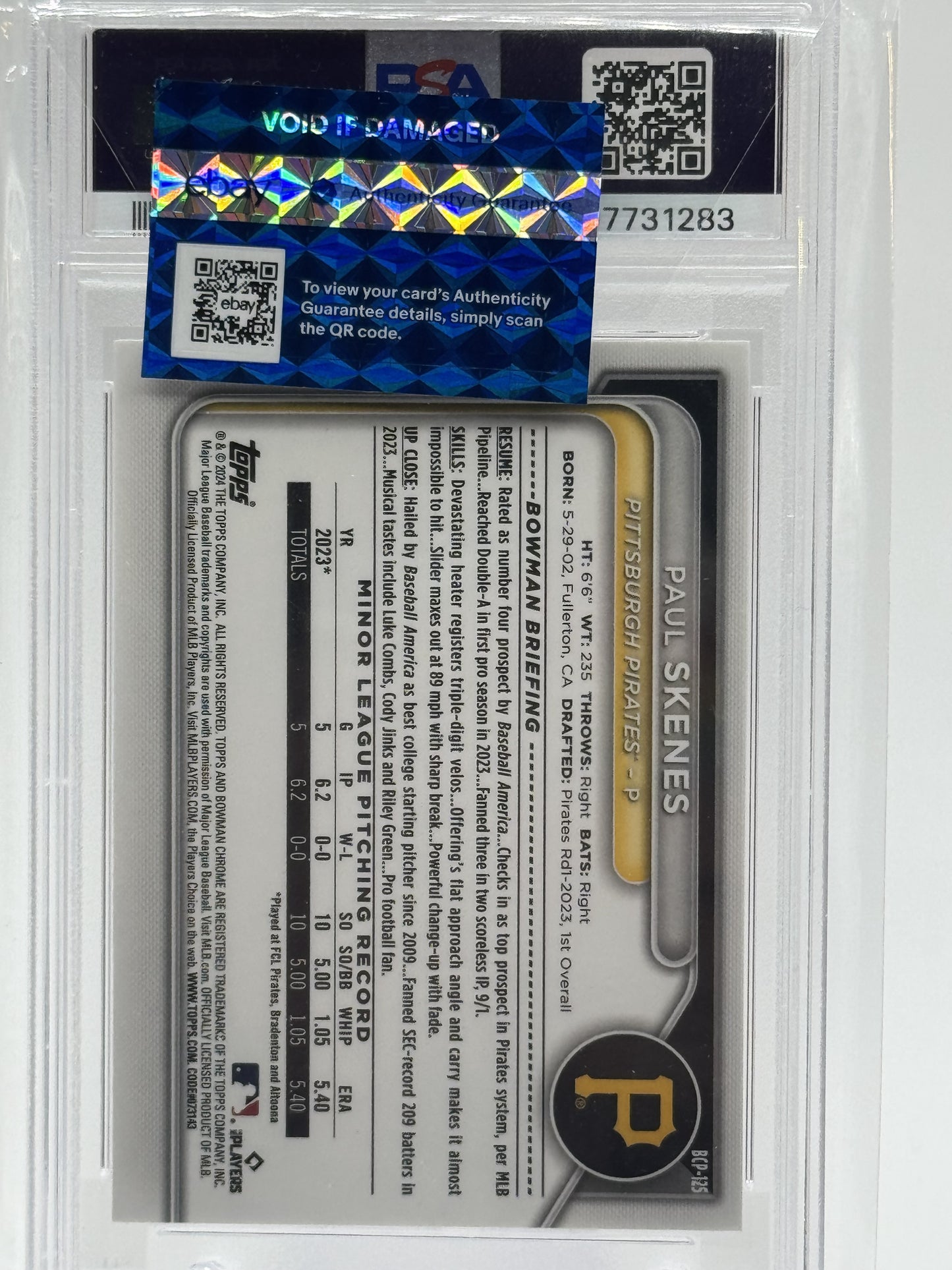 2024 Bowman Sapphire Edition #BCP-125 Paul Skenes Orange # 25/25 PSA 9
