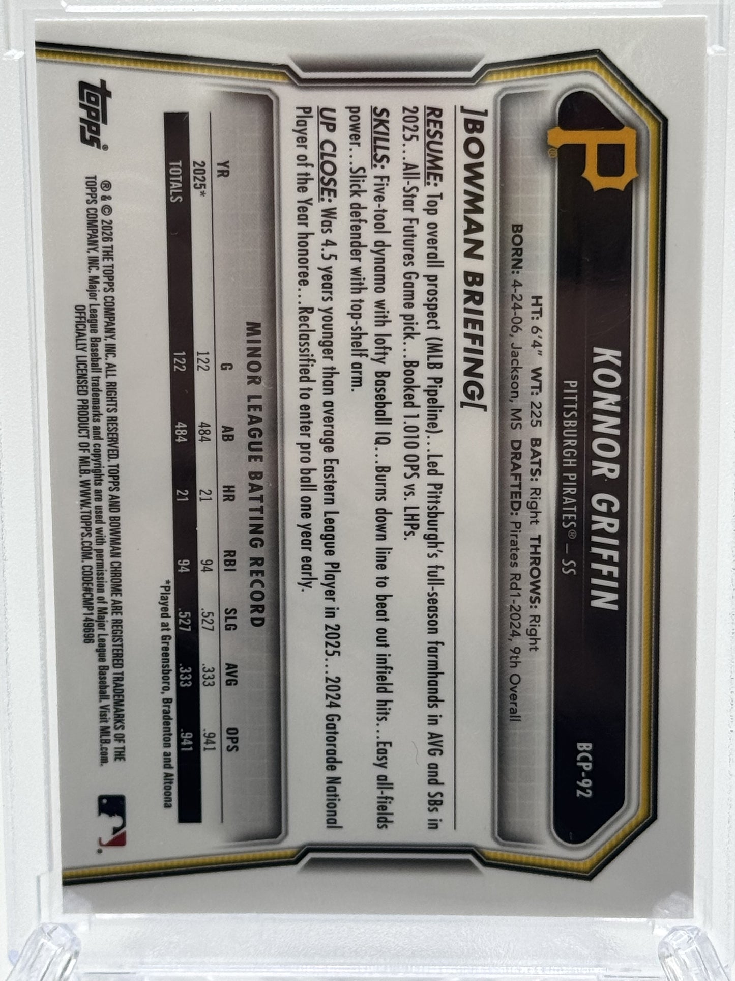 2026 Bowman #BCP-92 Konnor Griffin Chrome Prospects Mojo Pink Refractor #/199
