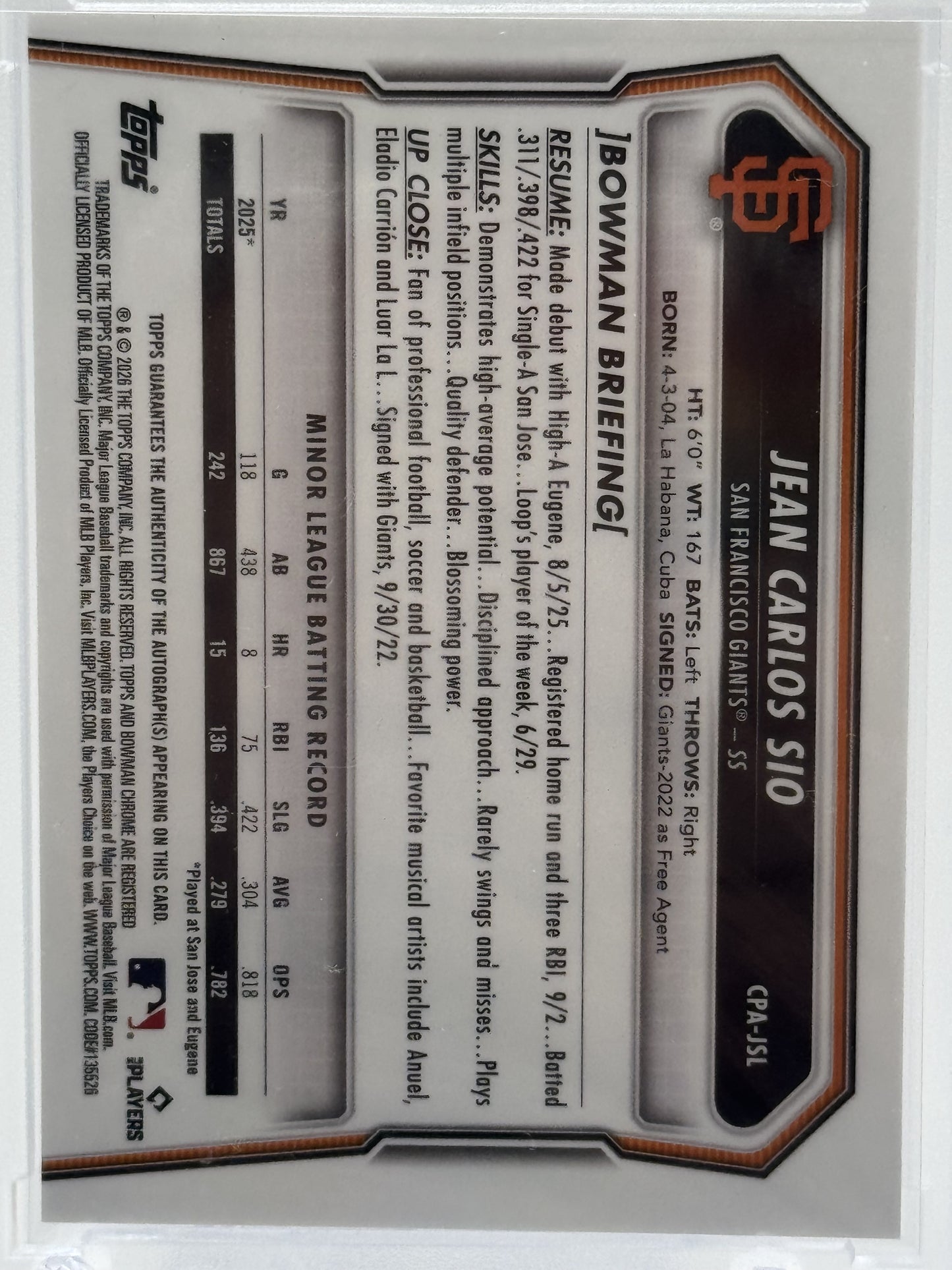 2026 Bowman #CPA-JSL Jean Carlos Sio Chrome Auto Purple Refractors #/250